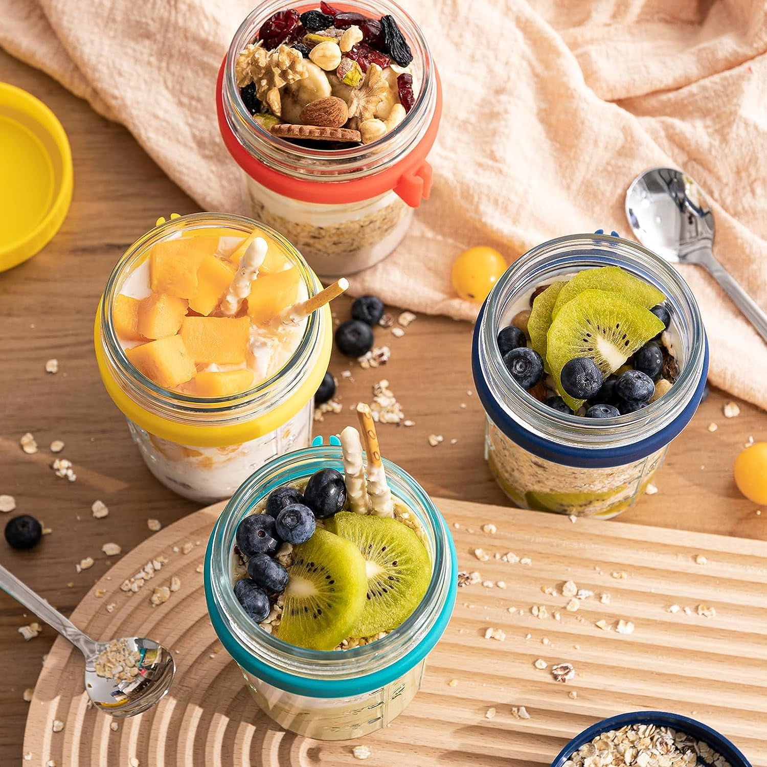 Overnight Oats Containers with Lids And Spoon, 4 Pack Glass Mason Jars for Overnight  Oats Oatmeal Container to Go 16 Oz Meal Prep Jars with Measurement Scale  for Pudding Milk Cereal Salad