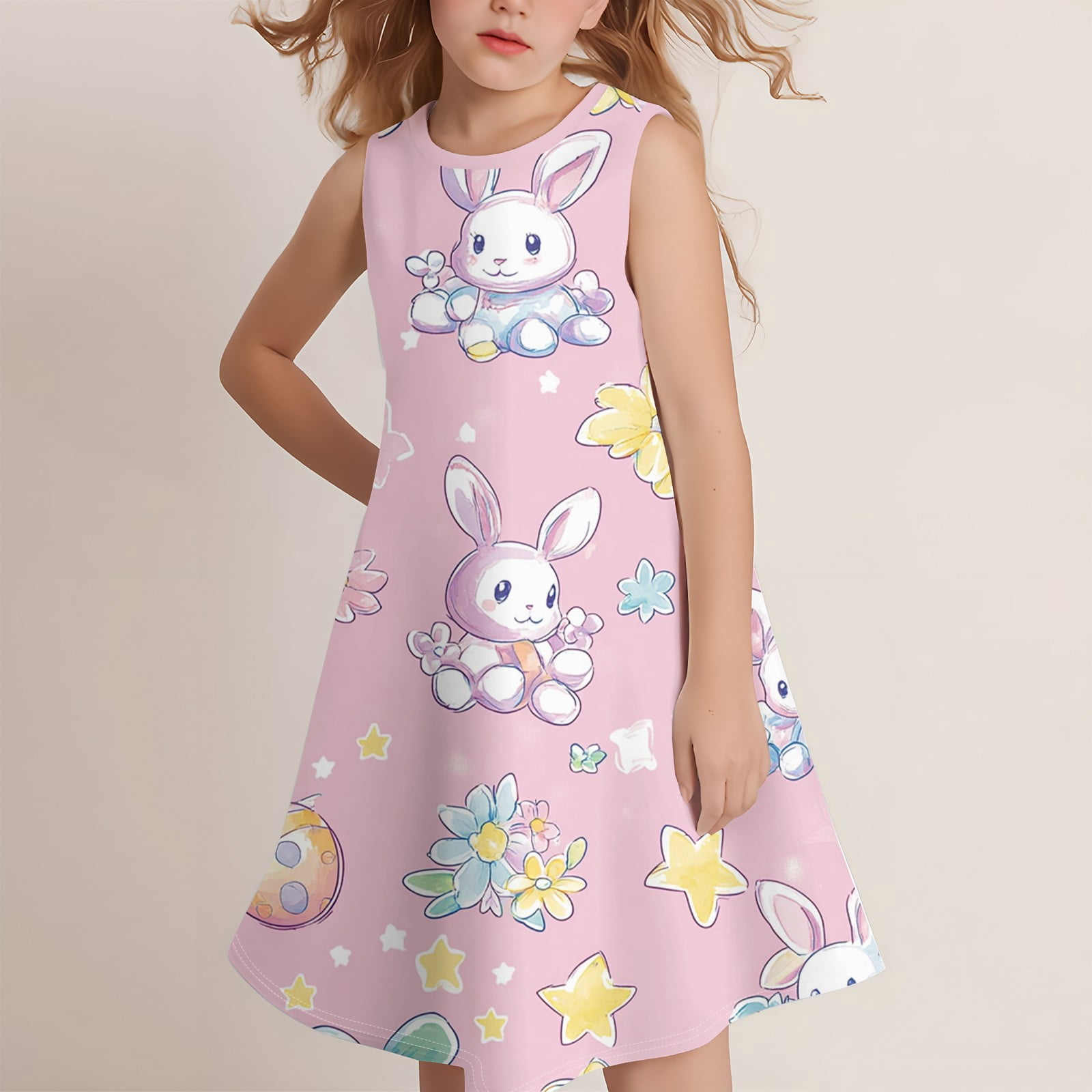 HAJWOH Easter Dresses for Girls Cartoon Bunny Print Sleeveless Spring Summer Dress Funny Crew Neck Midi Dress Casual Comfortable A-Line Dress Pink 7-8 Years