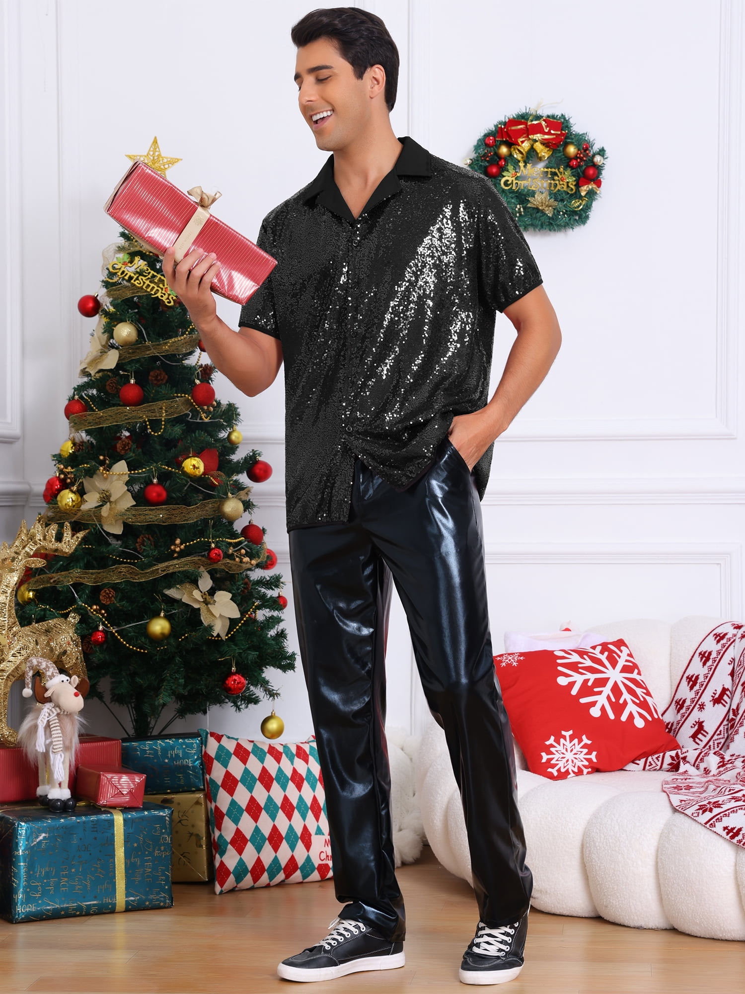 DARING DIVA Men's Sequins Camp Collar Short Sleeve Button Down Shiny Shirt 2XL Black