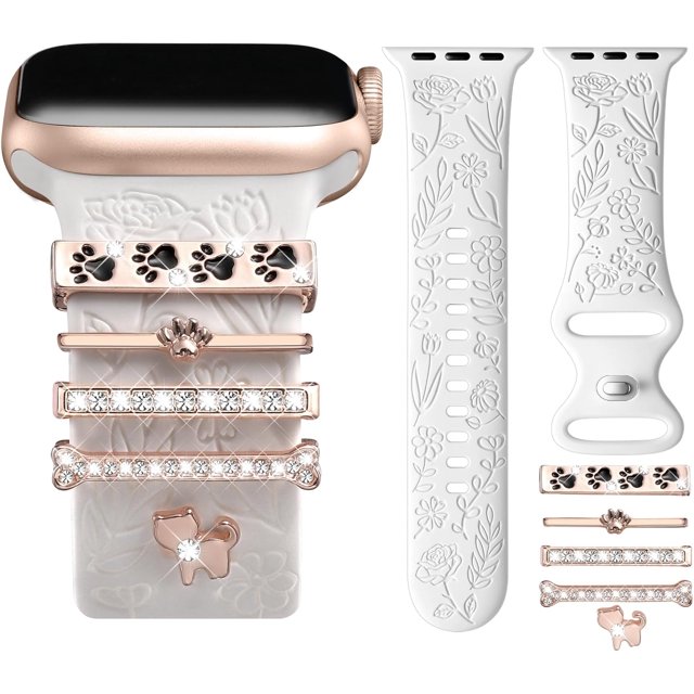 Correa con Floral Grabado Compatible con Apple Watch 40mm 44mm 42mm 38mm 41mm 45mm 46mm 49mm, Correas Silicona Suave con Adornos Decorativos para iWatch Series 11/10/9/8/7/6/5/4/3/2/1 SE Ultra