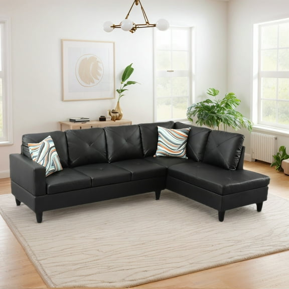 Hommoo 2-Piece Faux Leather L-Shaped Sectional Couches and Sofa Set, Modern Living Room Furniture Set, No Ottoman, Right Side, Black