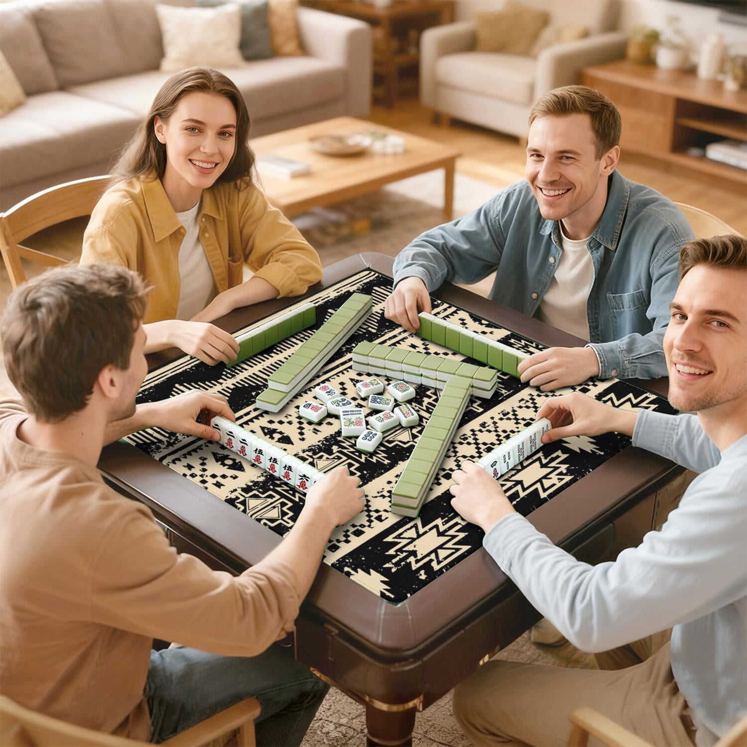 Boho Inspired Extra Large Non-Slip Game Mat 31.5x31.5 Inch Rubber Mahjong Table Cover with Noise Reduction for Playing Tiles Cards and Family Game Nights