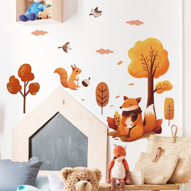 Vinilos decorativos de animales del bosque para la habitación infantil | Pegatinas adhesivas de árboles y fauna | Decoración mural removible para sala de estar, dormitorio, guardería