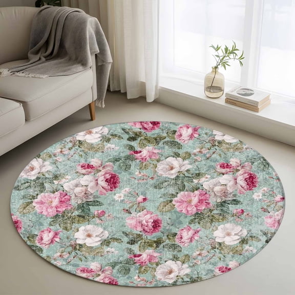 Round Area Rug 4 Ft, Vintage Spring Floral Washable Non-Slip Circle Carpet for Living Room/Bedroom, Botanical Summer Pink Green Low-Profile Crawling Mats Collection Rugs for Indoor