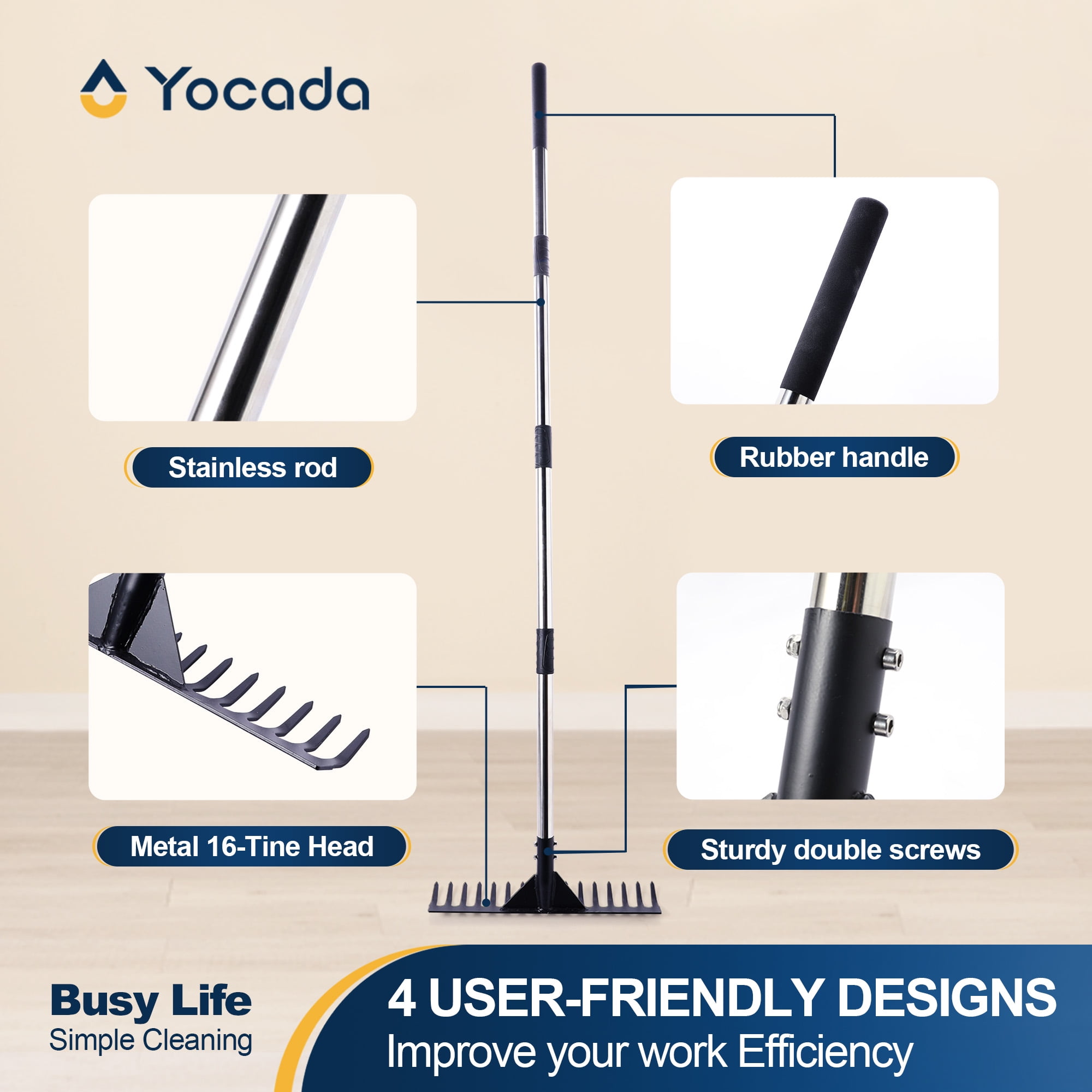 Yocada Thatch Rake 15.7" 16 Curved Tines 62" Adjustable Heavy Duty Stainless Steel Tool with Non-Slip Grip for Lawn Care