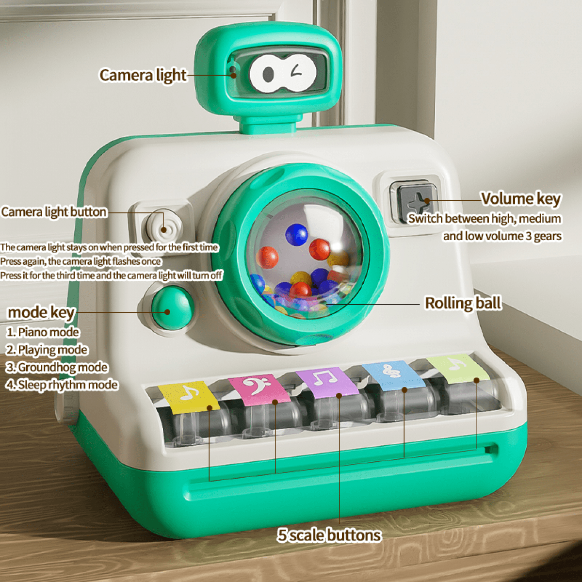 Kids Piano Musical Instruments Toys Camera Themed Interactive Toys with Lights for Toddlers Tummy Time & Christmas Birthday Gifts(White)