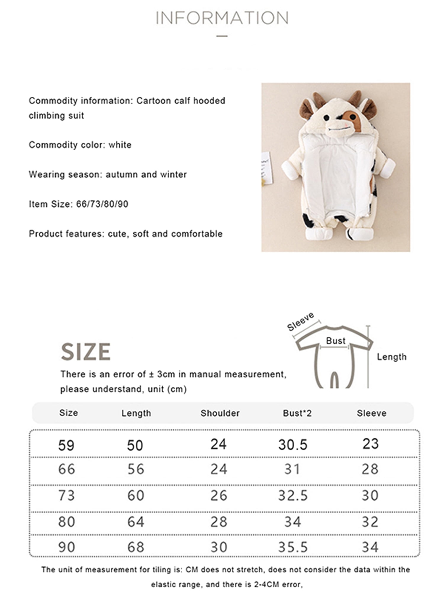Baby Girls Boys Cow Hoodie Plush Jumpsuit Long Sleeve Cartoon Cow Zipper Romper Halloween Cow Costume Winter Clothes