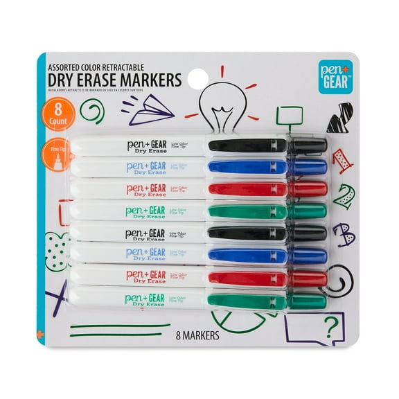 Pen+Gear Retractable Dry Erase Markers, Fine Tip, Assorted Colors, 8 Count
