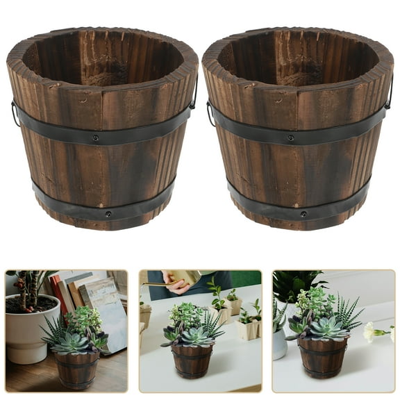 2Pcs Multifunctional Wooden Bucket Succulent Planter Round Bonsai Flower Bucket