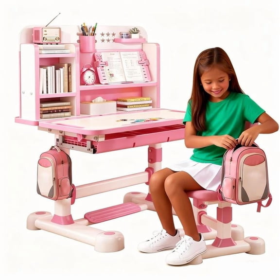YNCE 2Pcs Kids Desk and Chair Set,Height Adjustable Children School Study Table Chair Set with Partition Design,Bookstand,Drawer,Ergonomic Desk Chair with Writing Board,Sitting Corrector