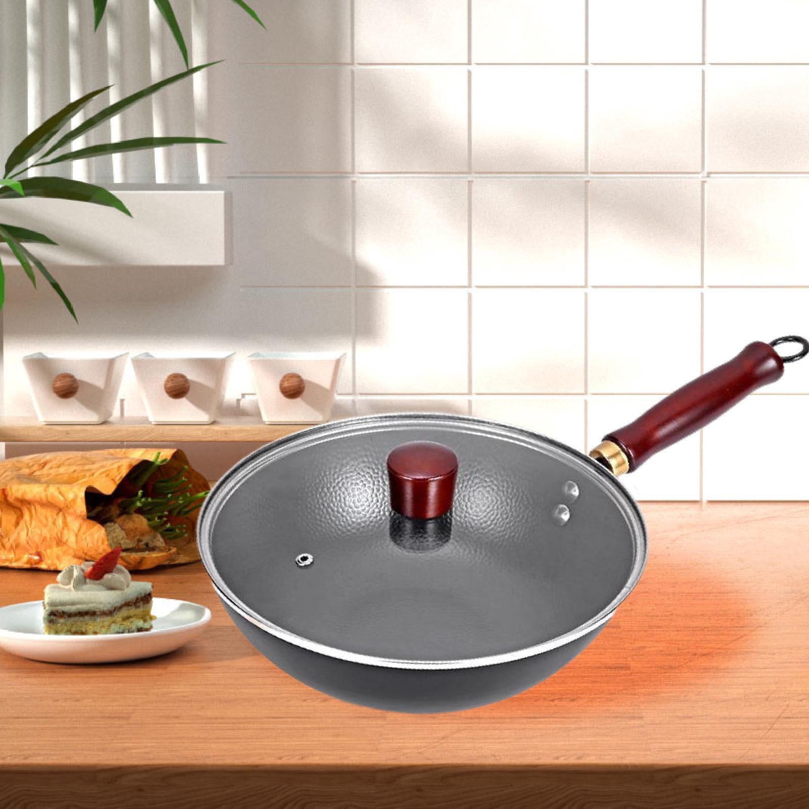 Fiocias Iron Wok Nonstick Pot Easy to Clean Wooden Handle Rustproof Kitchen Round Bottom With Lid