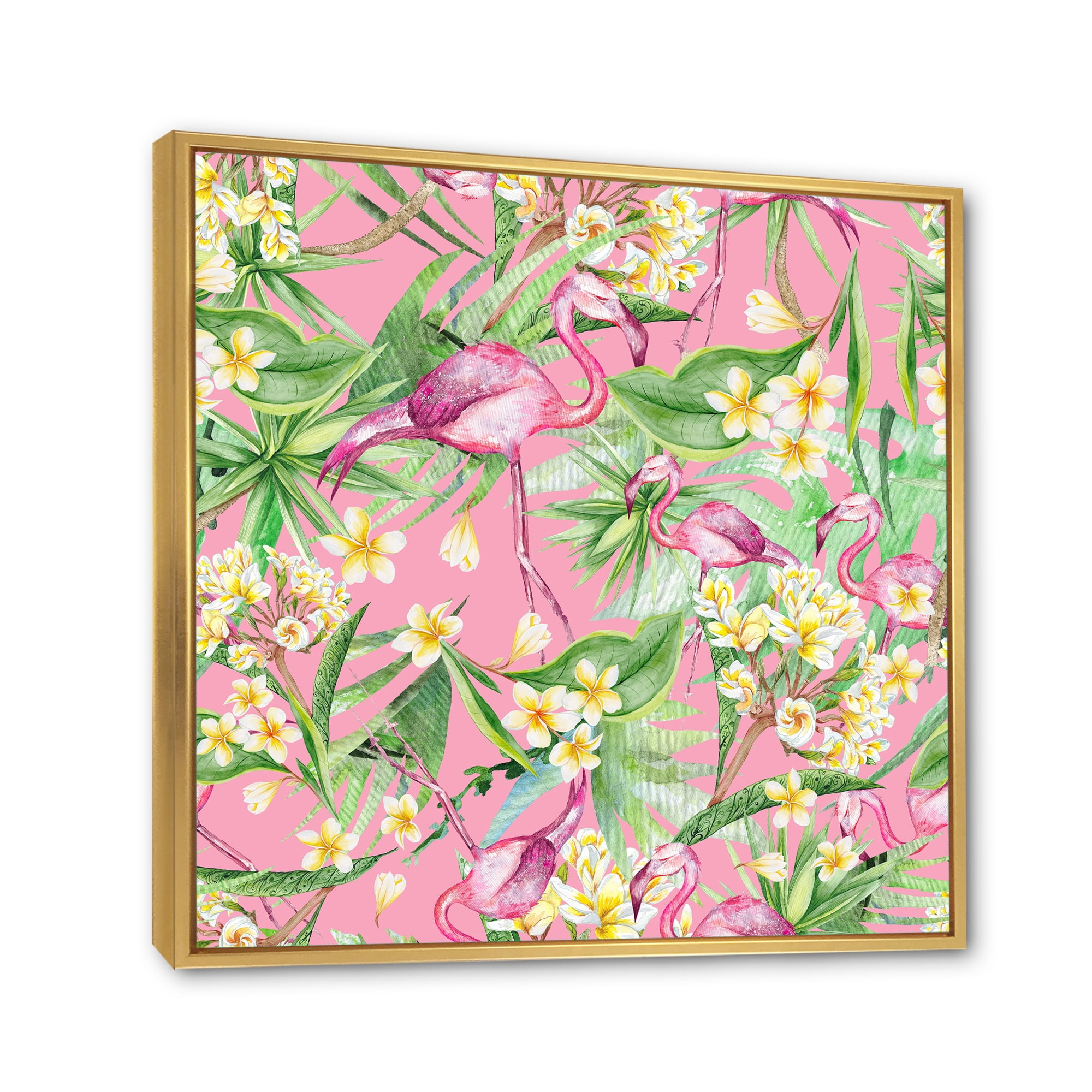 Designart 'Yellow Flowers, Tropical Foliage With Flamingo III' Modern Framed Canvas Wall Art Print