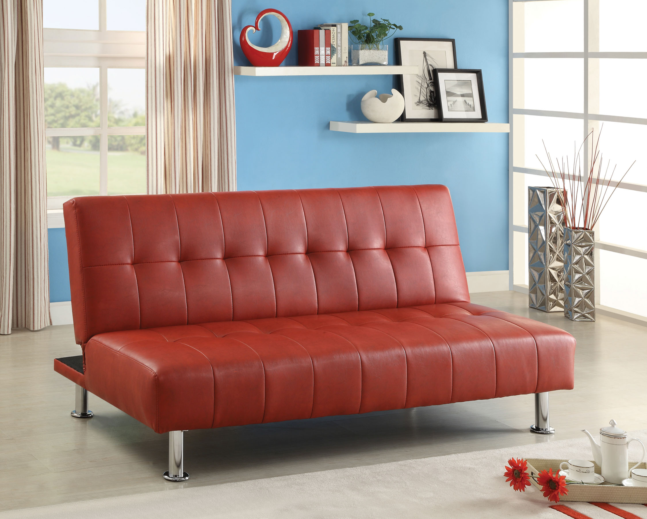 Bastina Faux Leather Tufted Convertible Futon Sofa, Red