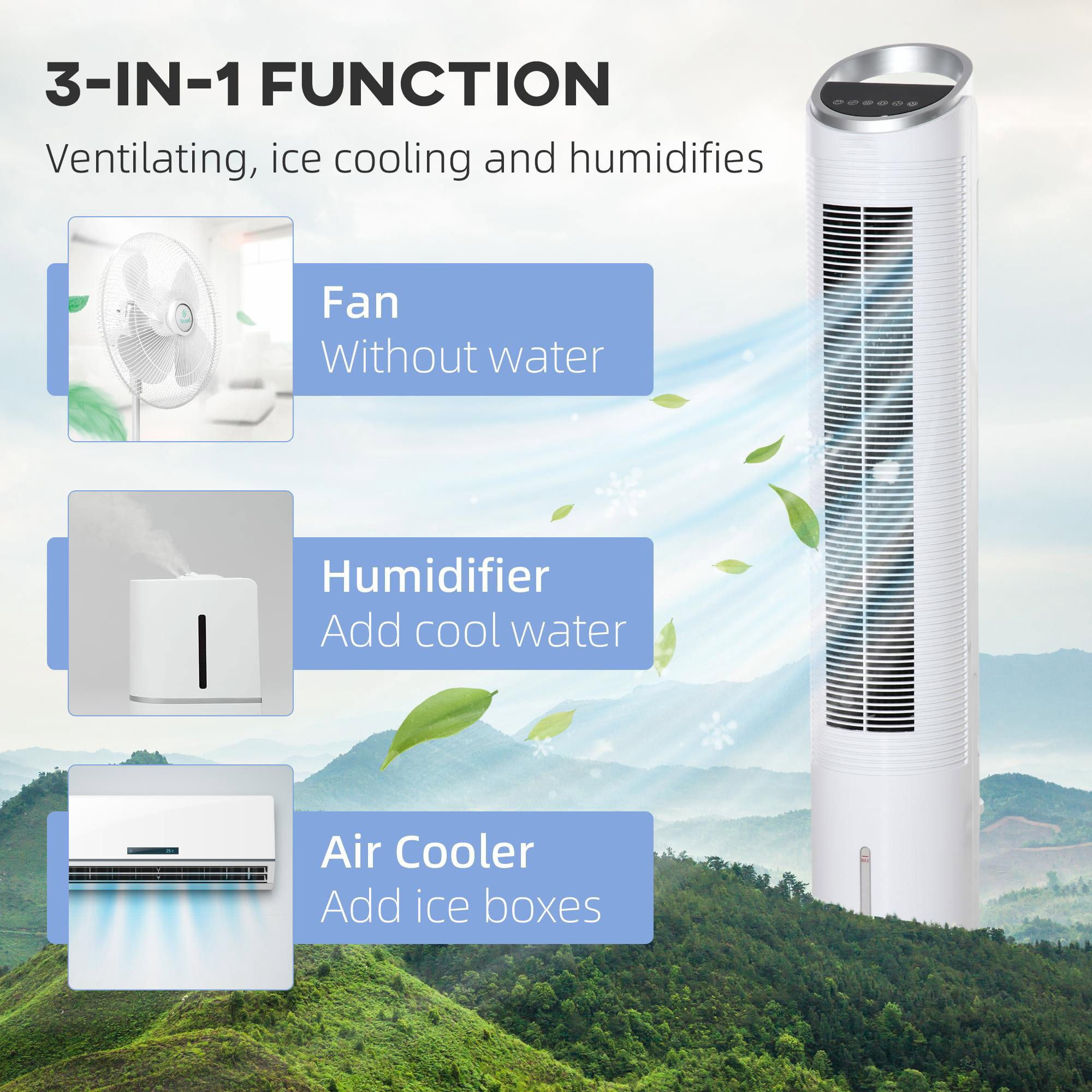 Resenkos 40" Portable Oscillating Air Cooler Fan for Home Office, 3-In-1 Standing Ice Floor Fan with Humidifier, White