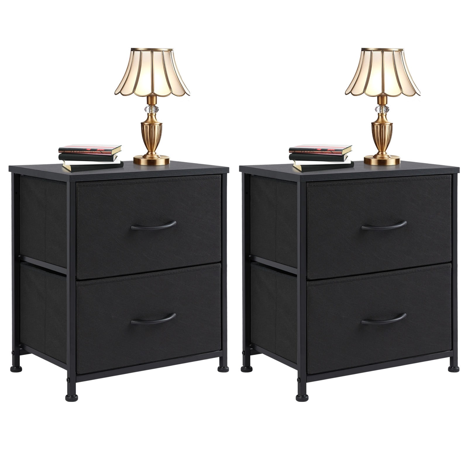 Telyra Nightstands Set of 2 20" Fabric Bedside Tables with 2-Drawer Wood Tops and Steel Frames Small Storage Organizers, Black