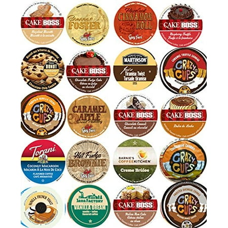 20 Cup NEW! Delicious DESSERT Inspired Flavored Coffee Sampler! Chocolate Fudge Cake, Peanut Butter Banana Cream Pie, Cinnamon Roll ++ YUMMY! 20 UNIQUE