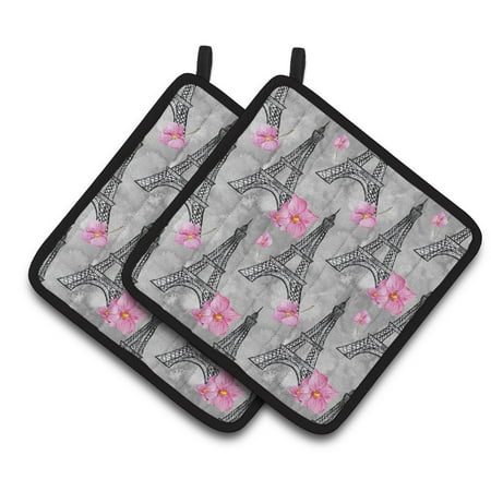 

Caroline s Treasures Watercolor Pink Flowers Eiffel Tower Pair of Pot Holders