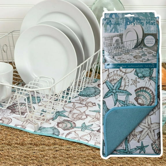 BEACHCOMBER Seashells Countertop Dish Drying Mat, Machine Washable by Kay Dee