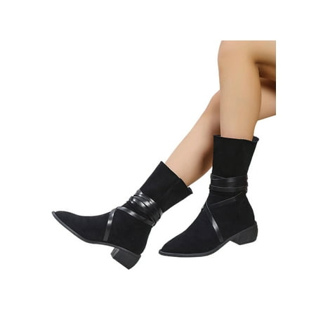 

Rotosw Ladies Western Cowgirl Boots Pointed Toe Vintage Shoes Multi-Strap Mid-Calf Boot Non-slip Chunky Knee-High Work Fashion Black Mid-Calf 7