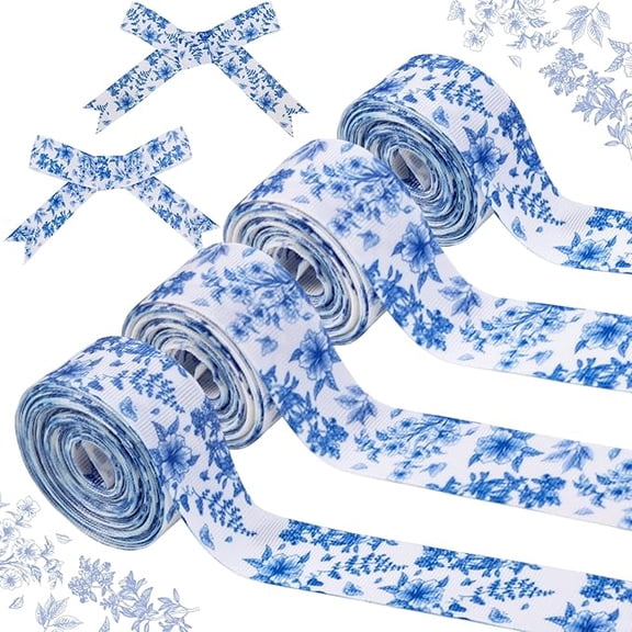 4 Rolls Blue White Flower Chinoiserie Ribbons, 20 Yards Craft Ribbons for Wreath Hair Bow Wrapping Gift Packing, Watercolor Floral Grosgrain Ribbon Bday Wedding Gender Reveal Party Home Decor