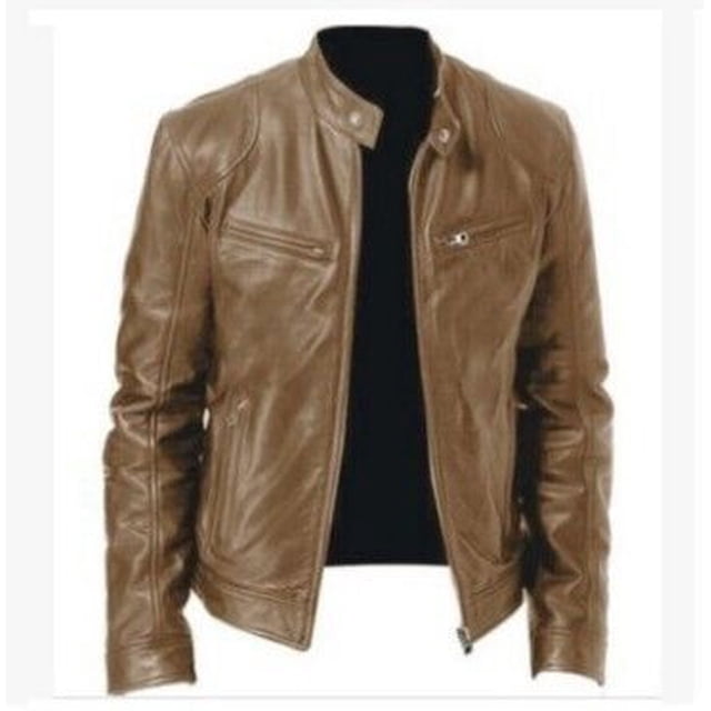 Chaqueta de cuero ajustada con cuello vertical y decoración de bolsillo de Rebeca con cremallera para caballero de negocios