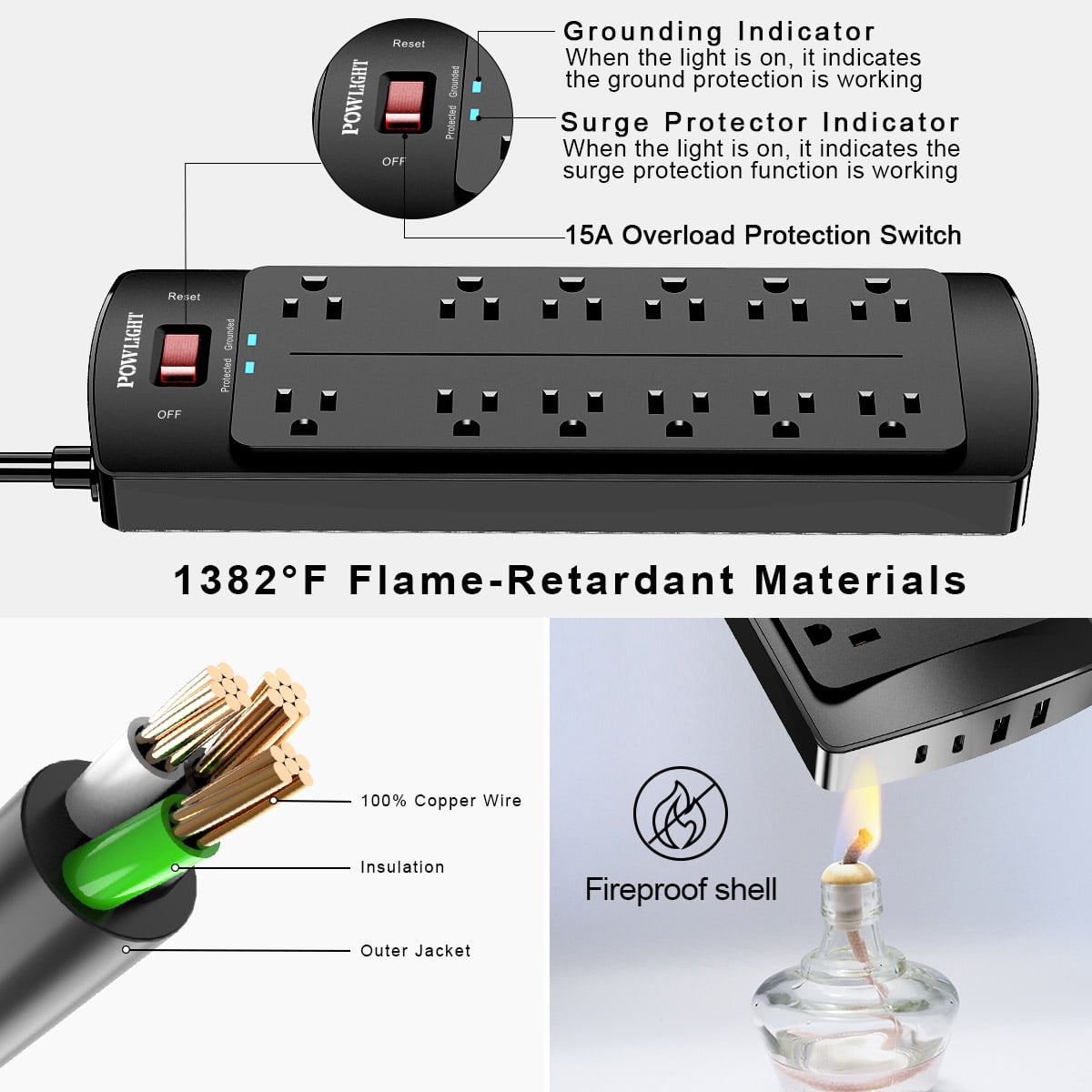 Surge Protector Power Strip with 12 AC Outlets, 4 USB Charging Ports (2 USB-C), 2700J Surge Protection, 6ft Extension Cord (1875W/15A) for Home and Office Use
