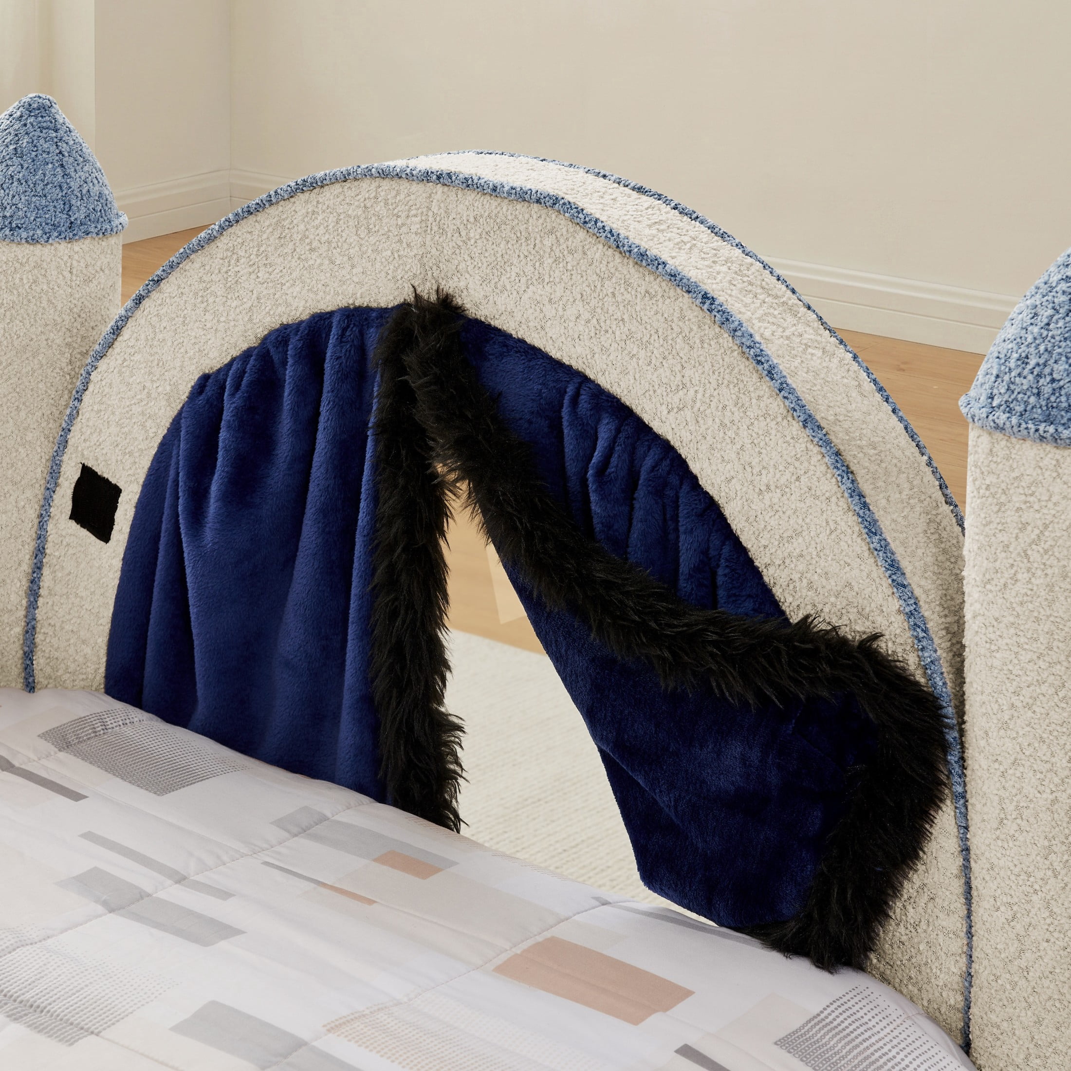 GDF Studio Solley Twin Size Castle Bed with Safety Guardrails, Curtain & Wood Frame, Boucle Upholstered Bed, Camel