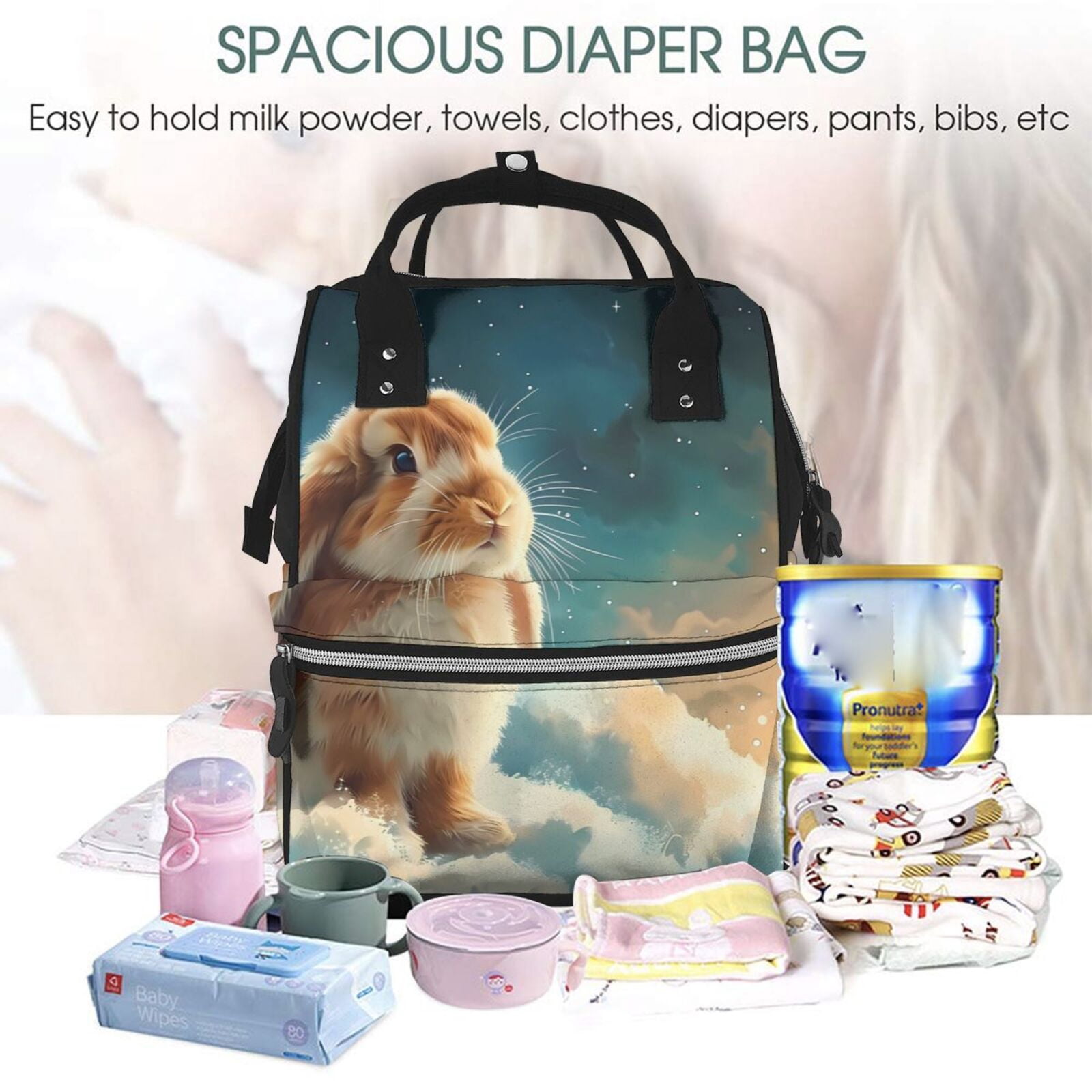 Fuzoiu Starry Sky Cloud Cute Rabbit Print Diaper Bag Backpack,Baby Essentials Travel Tote,Multi function Waterproof Diaper Bag, Travel Essentials Baby Bag - Unisex