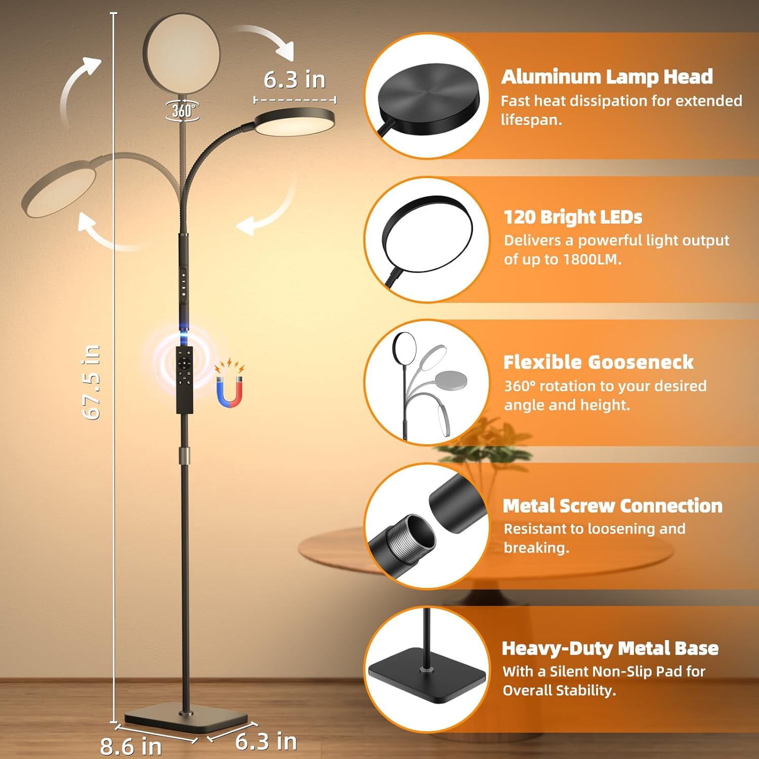 Floor Lamp, Adjustable Height Floor Lamps for Living Room Bedroom, 120 LED Super Bright Standing Lamp Remote & Touch Control Dimmable Gooseneck Tall Stand Reading Lamp for Office Craft, Gold