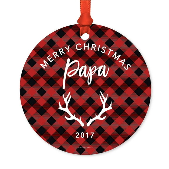 Family Metal Christmas Ornament, Merry Christmas Papa 2017, Red Plaid, Includes Ribbon and Gift Bag