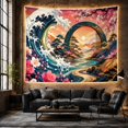 thumbnail image 6 of Teal Wave with Cherry Blossoms and Portal Scene, Serene Japanese Inspired for Nature Lovers, Floral Ocean Portal Art, Housewarming Gift Tapestry Wall Hanging for Bedroom and Living Room, 6 of 7