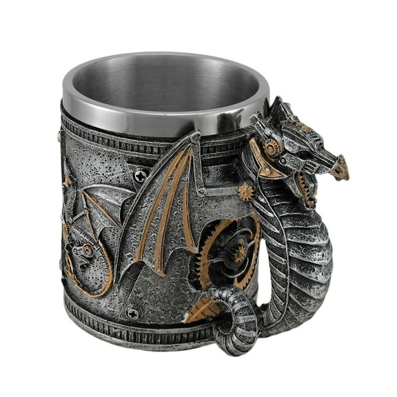 Zeckos Steampunk Geared Dragon Stainless Steel Lined Silvered Tankard