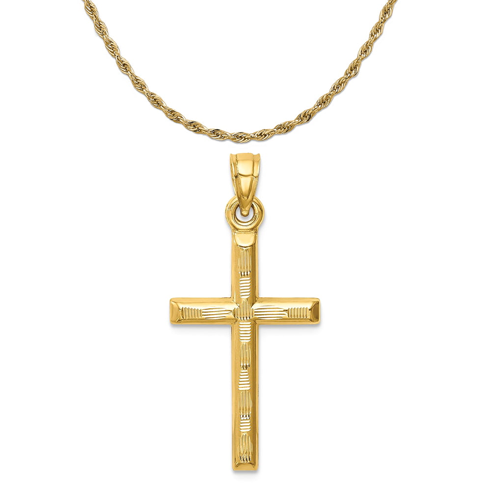 14K Gold Chain Charm High Polished Cross Pendant Necklace 14, 15, 16, 18, 20 Inch