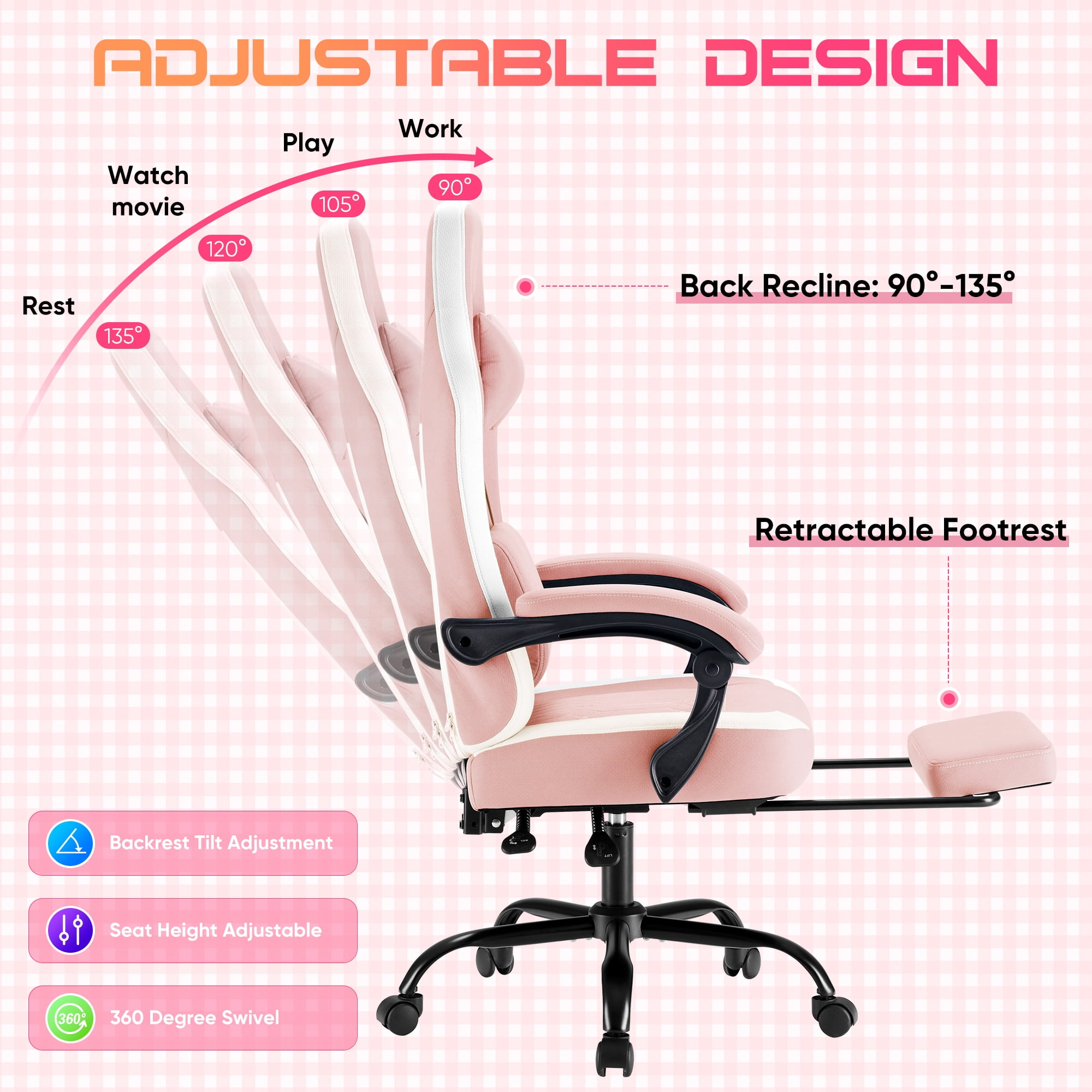 Gianna Ergonomic High‑Back Computer Gaming Chair with Footrest with Adjustable Height, Lumbar Support & Headrest, Pink
