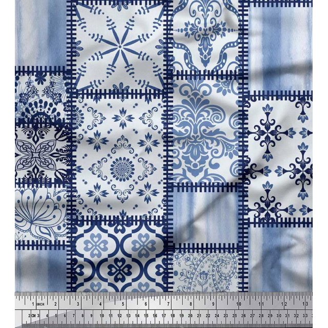 Soimoi Moss Georgette Fabric Paisley,Mandala & Quatrefoil Patchwork Printed Fabric 1 Yard 42 Inch Wide