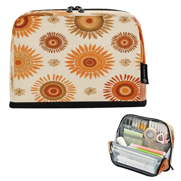 Pencil Bag with Magnetic Foldable Base Large Capacity Stand-Up Pencil Case Durable Nylon Pen Pouch Repeating Sun Pattern