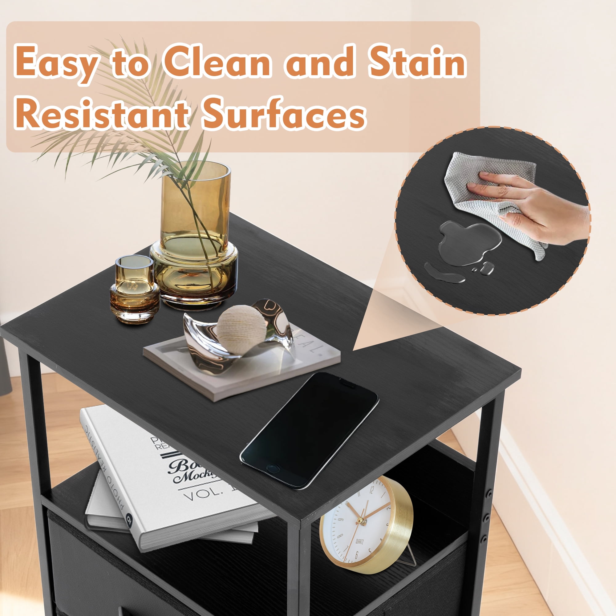 YEEZEE Bedside table with 3 fabric-covered drawers and an open shelving unit,ideal for bedrooms, entryways, and college dorms, easy to assemble. black