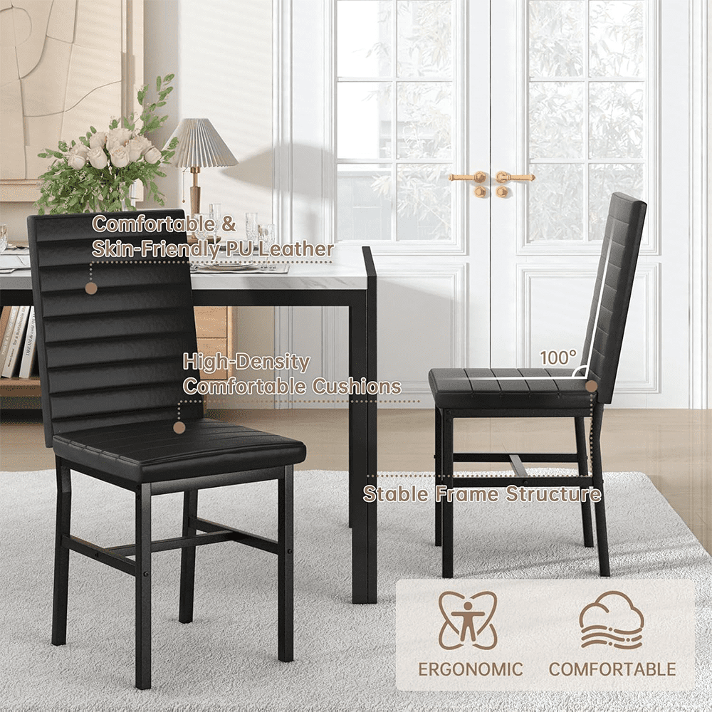 LinkRomat Dining Table Set for 4, Faux Marble Kitchen Table & 4 Black Upholstered Chairs, Modern Dinner Table Set for Dining Room, Small Spaces