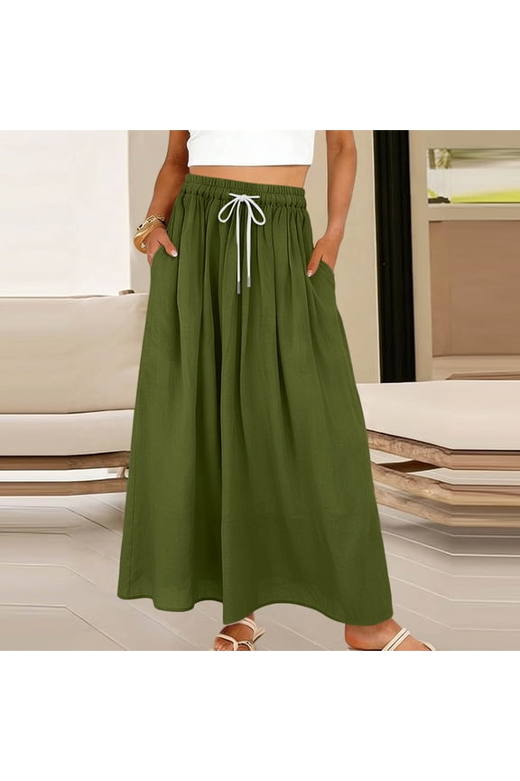 Women's Linen Drawstring Elastic Waist Maxi Skirt with Pockets ,Solid Color Casual Ankle Length Skirt Army Green,Women's Plus L