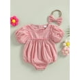 thumbnail image 3 of Musuos Baby Girl 2Pcs Summer Outfits, 3M 6M 12M 18M Short Puff Sleeve Plaid Print Romper with Bow Headband Set Cute Clothing, 3 of 10