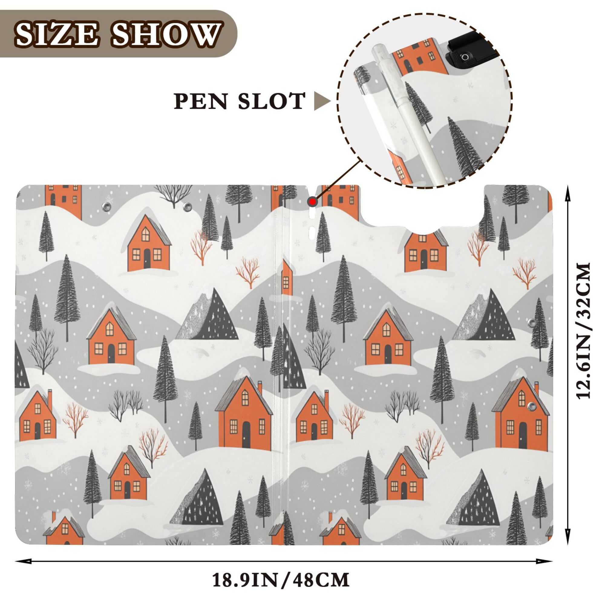 FORMRS A4 Clipboard Folder with Pen Holder Horizontal Foldable School Office Binder, Orange Cartoon Houses