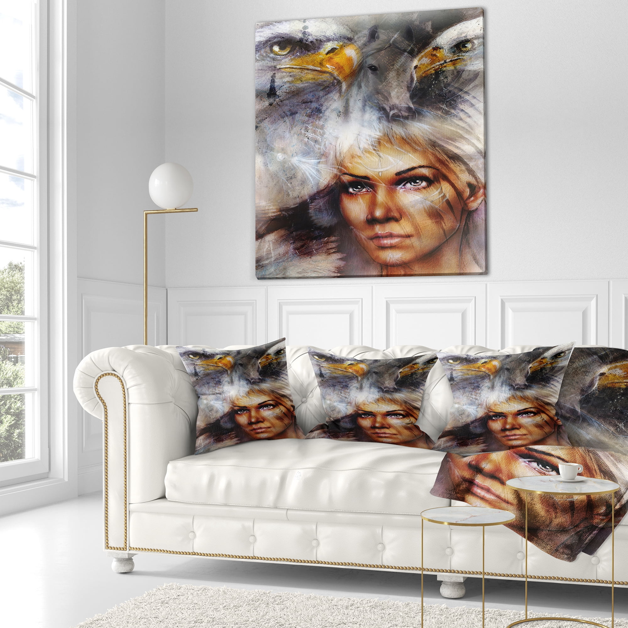 Designart Woman with Flying Eagles - Portrait Throw Pillow - 18x18