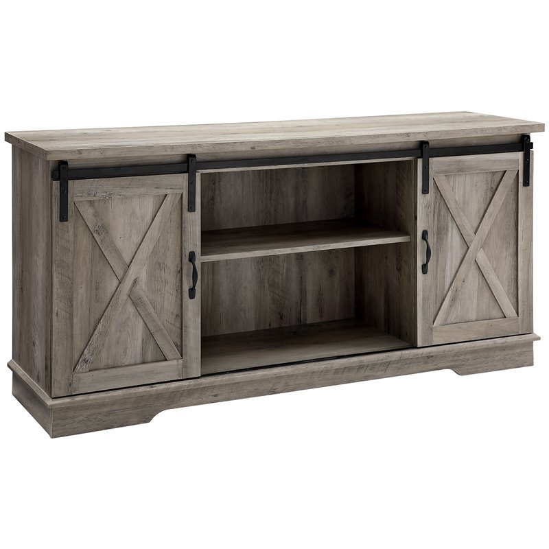 58 inch Sliding Barn Door Grey Wash TV Console