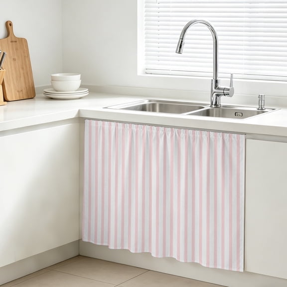 Pink Striped Cabinet Curtains for Kitchen 28"W x 35"L, Modern Stripes Farmhouse Rustic Simple Farmhouse Sink Skirt Magic Tape Short Curtain Decorative Privacy Panel for Bathroom Laundry