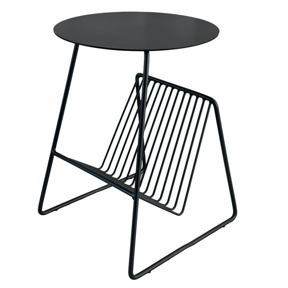 Zeo Side End Table w Magazine Rack, 14 Inch Round Top, Black Metal