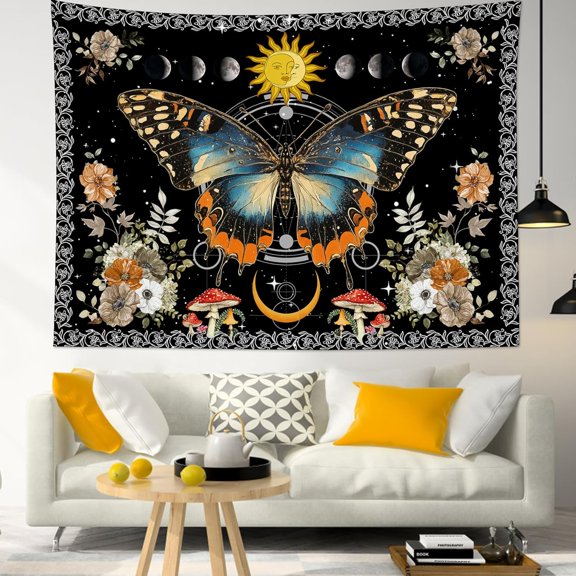 LB Moon Phase Floral Tapestry, Black and White Moon Phase with Flowers in Space Tapestry for Bedroom, Bright Stars Wall Decor for Bedroom Wall Art for Living Room Dorm Home Decor, 60 x 40 Inches