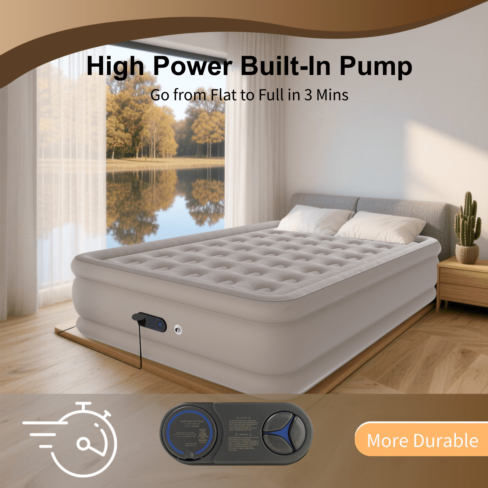Full Air Mattress with Built-in Pump - 18" Extra Thick Inflatable Bed for Camping & Home,Khaki,3-Min Self Inflating with Carrying Bag.