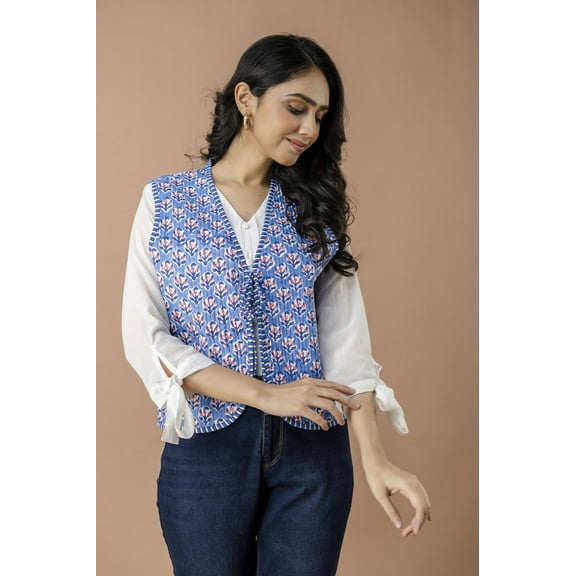 NITIN TEXTILES Women’s Sleeveless Quilted Vest – Handmade Cotton Jacket with Traditional Gulbahar Block Print