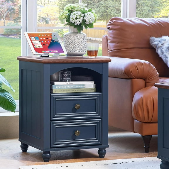 BNDFTF Farmhouse Nightstand (Navy Blue), with 2 AC Outlets & 2 USB Ports, 2 Drawers & 1 Shelf, Solid Wood Legs, 18"D x 18"W x 24"H