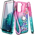 thumbnail image 6 of Nagebee Case for Samsung Galaxy S22 5G with Tempered Glass Screen Protector (Full Coverage), Sparkle Glitter Liquid Bling Diamond [Ring Holder & Wrist Strap] Women Girls Cute Case (Pink/Aqua), 6 of 6
